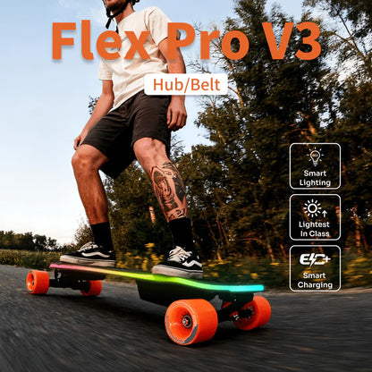 Exway Flex Pro V3 مثالي للتنقل اليومي ومغامرات نهاية الأسبوع — إضاءة ذكية تحافظ على سلامتك في كل رحلة.